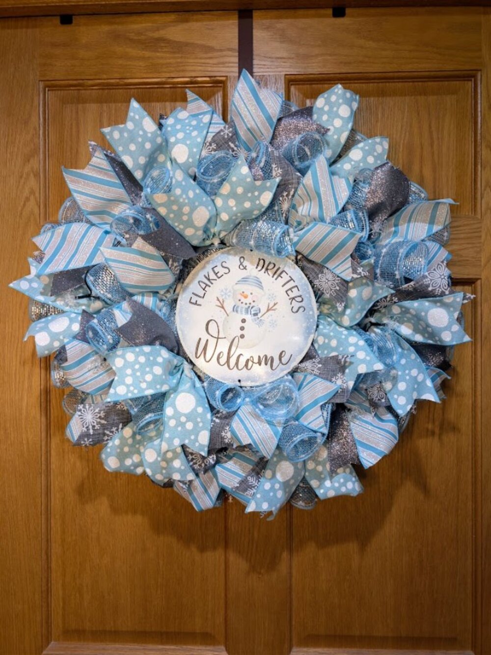 Lighted Snowman Christmas Wreath Winter Door Decor Blue Snowflake Handmade